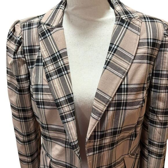 Rachel Zoe Plaid Blazer Boho Preppy Boxy Tan Black Cropped 1 Button Lined Small - Picture 2 of 9